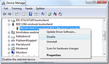FireWire kontrolleri välja lülitamine